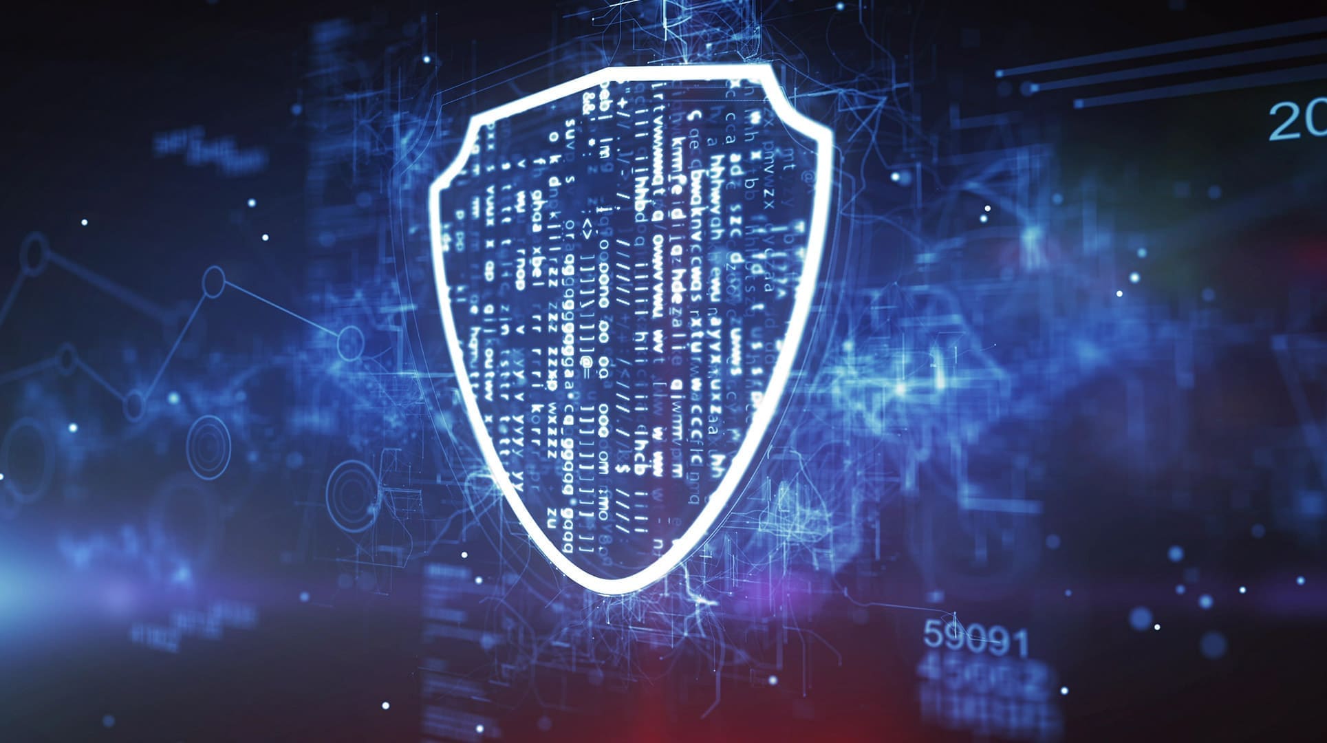 Illustration of a glowing shield outline over streams of code