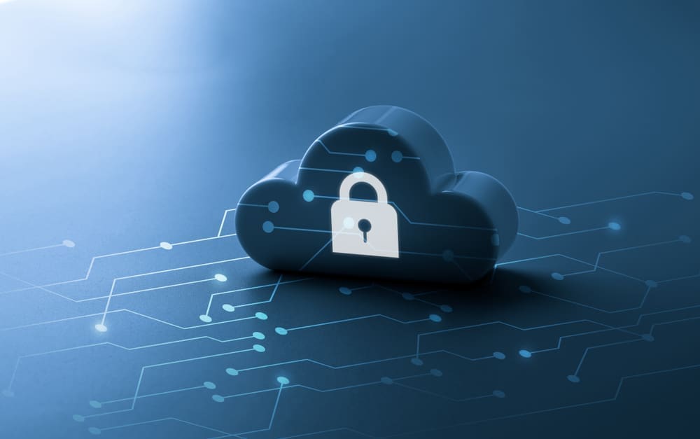 Illustration of a padlock on a cloud icon connected by circuit lines