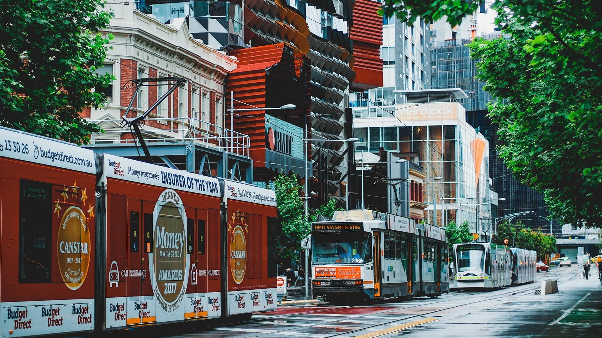 Trams on a tree-lined street in central Melbourne